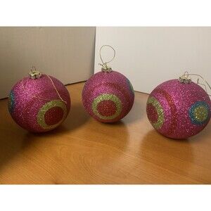 Lot Of 3 Glittery Pink Christmas Ball Ornaments 4”‎ Shatterproof